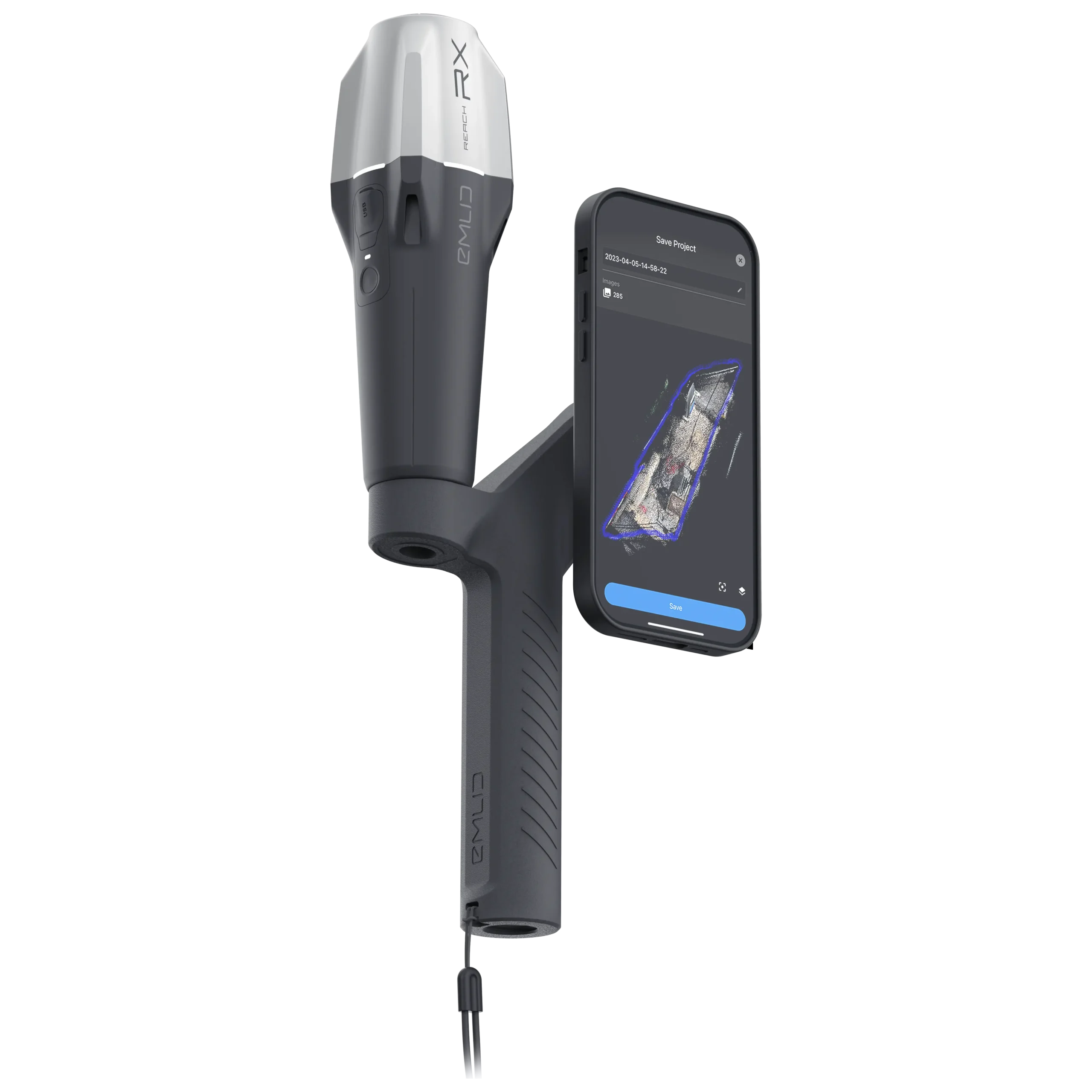 RX_mounted_front.png Vu de 3/4 de face du kit de scan 3D Emlid Pix4D