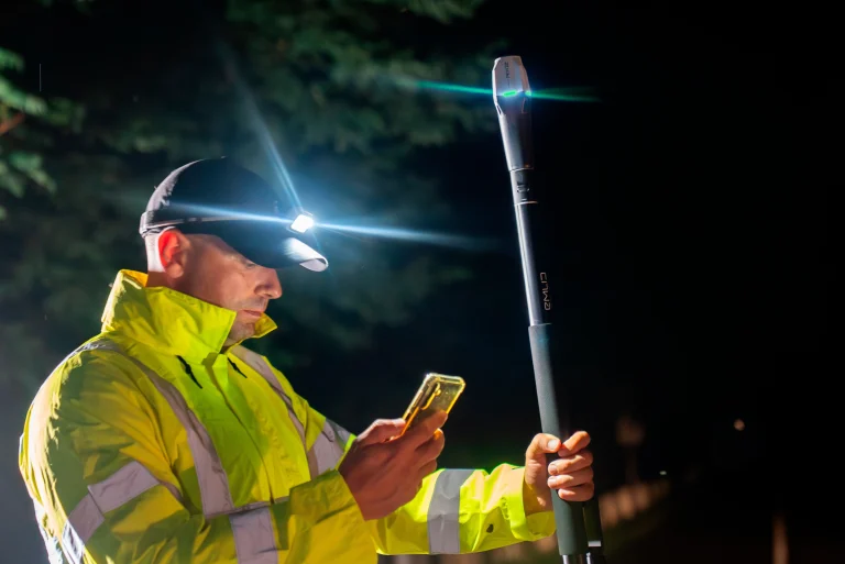 EMLID Reach RX2 sur canne avec opérateur et lampe frontale