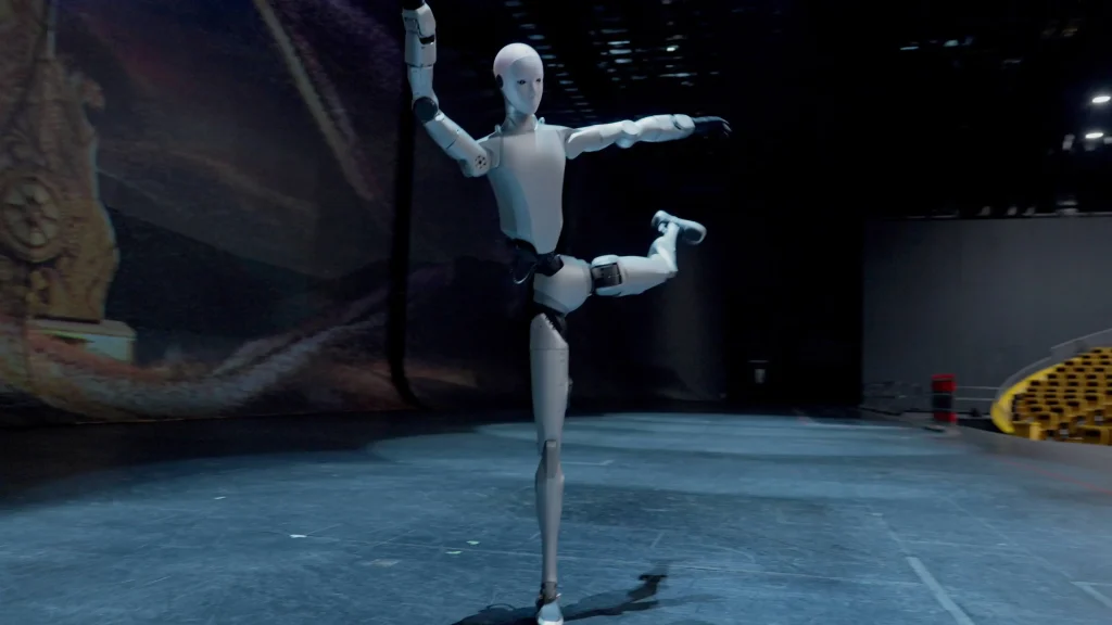 Le robot humanoïde UNitree A2 sur un pied